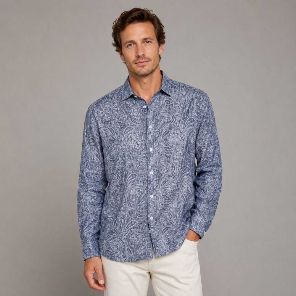 Tasso Elba 100% Linen Blue Paisley Jacquard Long Sleeve Button Down Shirt Sz XL